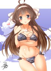 Rule 34 | 10s, 1girl, ahoge, alternate headwear, bare shoulders, bikini, blue eyes, blue sky, breast rest, breasts, brown hair, camouflage, camouflage bikini, cleavage, cloud, collarbone, day, double bun, groin, hair bun, hairband, heart, kantai collection, kongou (kancolle), lips, long hair, looking at viewer, medium breasts, navel, o-ring, o-ring top, sky, smile, solo, swimsuit, toned, yua (checkmate)