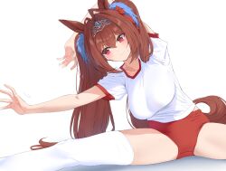 Rule 34 | 1girl, animal ears, arm behind head, breasts, brown hair, buruma, closed mouth, daiwa scarlet (umamusume), ev (dai00888), feet out of frame, gym uniform, hair between eyes, hair intakes, highres, horse ears, horse girl, horse tail, large breasts, leaning to the side, long hair, looking to the side, outstretched arm, red eyes, shirt, short sleeves, solo, spread legs, stretching, sweatdrop, tail, thighhighs, tiara, tracen training uniform, twintails, umamusume, white shirt, white thighhighs