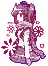 Rule 34 | 1girl, 23, 23 (candy chapus), brown hair, checkered clothes, checkered skirt, flower, hat, heart, heart of string, himekaidou hatate, long hair, mittens, necktie, profile, ribbon, scarf, skirt, solo, tokin hat, touhou, twintails