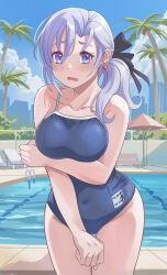 Rule 34 | 1girl, black ribbon, blue hair, blue one-piece swimsuit, blue sky, breasts, chair, closed eyes, cloud, collarbone, commentary request, commission, competition school swimsuit, cowboy shot, day, hair ribbon, highres, indie virtual youtuber, kokoa amethyst, large breasts, leaning forward, light blue hair, long hair, lounge chair, nikulas cage, one-piece swimsuit, outdoors, palm tree, pixiv commission, pool, purple eyes, ribbon, school swimsuit, side ponytail, sky, solo, swimsuit, tree, virtual youtuber