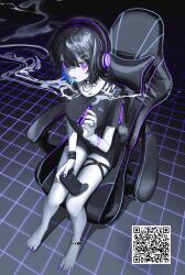 Rule 34 | 1girl, barefoot, black hair, black shirt, black shorts, blue hair, bracelet, breasts, chair, choker, cigarette, collarbone, colored inner hair, controller, from above, full body, game controller, gaming chair, hair between eyes, hair ornament, hairclip, headphones, highres, holding, holding cigarette, holding controller, jewelry, looking at viewer, multicolored hair, nail polish, on chair, open mouth, original, purple eyes, purple nails, qr code, shirt, short hair, short shorts, short sleeves, shorts, sitting, smoke, smoking, solo, swivel chair, t-shirt, thigh strap, toenail polish, toenails, toes, two-tone hair, wristband, xoxzxox