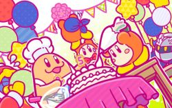 Rule 34 | 5boys, apron, balloon, bandana waddle dee, bandana, banner, birthday cake, blowing, blush stickers, bow, bowl, bowtie, cake, candle, chef hat, chef kawasaki, dutch angle, food, glass bowl, hat, icing, king dedede, kirby (series), male focus, mask, meta knight, multiple boys, nintendo, no humans, official art, pastry bag, robe, sweat, table, tablecloth, trembling, waddle dee, whisk