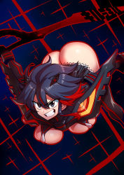 Rule 34 | 1girl, ass, black background, black hair, blue background, blue eyes, boots, breasts, gradient background, grin, hair between eyes, hair ornament, highres, kill la kill, large breasts, matoi ryuuko, multicolored hair, outline, red hair, red outline, short hair, smile, solo, thigh boots, thighhighs, top-down bottom-up, tukiwani, two-tone hair