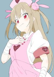 Rule 34 | 1girl, absurdres, apron, armband, bad id, bad twitter id, bandages, blush, closed mouth, collared shirt, donguri suzume, from below, hair ornament, hand on own chest, hat, heart, highres, light brown hair, long hair, looking at viewer, nail polish, natori sana, nurse cap, pink apron, pink hat, puffy short sleeves, puffy sleeves, rabbit hair ornament, red eyes, red nails, sana channel, shirt, short sleeves, solo, two side up, virtual youtuber