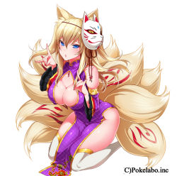 Rule 34 | 1girl, animal ears, bad id, bad tumblr id, bare shoulders, blonde hair, blush, breasts, china dress, chinese clothes, cleavage, cleavage cutout, clothing cutout, detached sleeves, dress, female focus, fox ears, fox mask, fox tail, hizuki akira, large breasts, long hair, looking at viewer, mask, nail polish, original, simple background, solo, tail, thighhighs, white background, white thighhighs