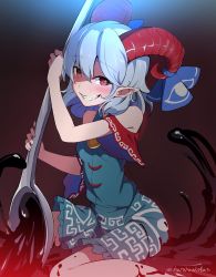 Rule 34 | 1girl, bare shoulders, blush, brown background, clothing cutout, foot out of frame, gradient background, grin, hair between eyes, highres, holding, holding spoon, horizontal pupils, horns, looking at viewer, pointy ears, red eyes, sharp teeth, shoulder cutout, simple background, sitting, smile, solo, spoon, tail, teeth, touhou, toutetsu yuuma, wariza, yoshinatsu