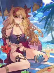 Rule 34 | 1girl, absurdres, armband, bad id, bad pixiv id, beach, beach mat, beach umbrella, bikini, blonde hair, blue sky, bottle, breasts, cape, cleavage, cloud, cloudy sky, commentary request, crab, criss-cross halter, cup, day, drinking glass, earrings, ereshkigal (fate), fate/grand order, fate (series), flower, food, fruit, halterneck, hibiscus, highres, hoop earrings, infinity symbol, jewelry, long hair, medium breasts, necklace, ocean, outdoors, palm tree, parted bangs, purple bikini, red eyes, red ribbon, ribbon, sakupannda06o, skull, sky, solo, swimsuit, thigh strap, tree, two side up, umbrella