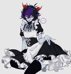 Rule 34 | 1boy, absurdres, alternate costume, apron, black garter straps, black thighhighs, colored sclera, colored skin, cross-laced clothes, cross-laced dress, crossdressing, embarrassed, eridan ampora, fingernails, fins, garter straps, glasses, grey skin, head fins, highres, holding, homestuck, horns, iina934, looking at viewer, maid, maid apron, maid headdress, messy hair, nail polish, open mouth, orange horns, purple eyes, purple nails, ribbon, short hair, simple background, sitting, thighhighs, trap, white apron, white background, yellow sclera