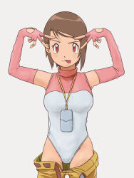 Rule 34 | 1girl, absurdres, alternate breast size, belt, belt buckle, breasts, buckle, closed mouth, clothes pull, cowboy shot, digimon, double w, elbow gloves, female focus, fingerless gloves, gloves, hair ornament, hairclip, heattech leotard, highres, large breasts, leotard, looking at viewer, multicolored leotard, pants, pants pull, pink eyes, pink gloves, pink leotard, short hair, simple background, smile, solo, standing, swept bangs, thighs, tongue, tongue out, turtleneck, unbuckled, w, white background, white leotard, yagami hikari
