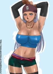 Rule 34 | 00s, 1girl, armpits, bandana, bare shoulders, belt, blue background, blue dragon, blush, breasts, dark-skinned female, dark skin, elbow gloves, fingerless gloves, gloves, jewelry, large breasts, long hair, midriff, miyabi tsuzuru, navel, necklace, pirate, shorts, silver hair, solo, strapless, thighhighs, tooth necklace, tube top, zola (blue dragon)
