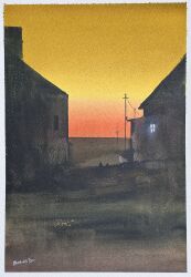 Rule 34 | 2others, building, day, highres, horizon, mouen tw, multiple others, original, painting (medium), red sky, road, scenery, sky, street, sunset, traditional media, watercolor (medium), window, yellow sky