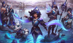 Rule 34 | animal ears, armor, black hair, blue eyes, blue feathers, blue hair, blush, boomerang, boots, brown eyes, cape, closed mouth, crossed legs, dark-skinned female, dark skin, ezreal, facial hair, facial mark, fangs, feathers, fingerless gloves, full body, gloves, gnar (league of legends), hair ornament, hair over one eye, hat, helmet, holding hands, hood, jarvan iv (league of legends), jewelry, lake, league of legends, leather, long hair, looking at viewer, manly, multiple boys, multiple girls, muscular, official art, rakan (league of legends), reflection, samsung galaxy (league of legends), scar, scenery, short hair, sitting, smile, ssg ezreal, ssg gnar, ssg jarvan iv, ssg rakan, ssg xayah, stone, taliyah, thick eyebrows, topless male, weapon, white hair, xayah, yordle