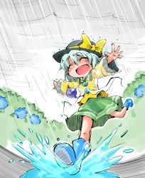 Rule 34 | 1girl, blue flower, blue rose, boots, bow, cloud, cloudy sky, closed eyes, fleeing, flower, hat, hat bow, highres, hydrangea, komeiji koishi, long sleeves, open mouth, outstretched arms, rain, raincoat, rose, rubber boots, see-through, shinapuu, shirt, silver hair, skirt, sky, smile, solo, splashing, third eye, touhou, wide sleeves