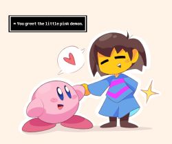 Rule 34 | 1other, = =, absurdres, alien, androgynous, beige background, blue eyes, blue shirt, blue shorts, blush, crossover, dialogue box, english text, frisk (undertale), hair behind ear, handshake, heart, highres, kirby, kirby (series), nintendo, open mouth, playcenter, shirt, shorts, smile, sparkle, speech bubble, spoken heart, undertale