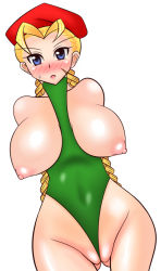 Rule 34 | 1girl, beret, blonde hair, blue eyes, blush, braid, breasts, cammy white, capcom, cleft of venus, green leotard, harubato, hat, large breasts, leotard, long hair, looking at viewer, military, military hat, military uniform, nipples, open mouth, pussy, red headwear, street fighter, sweat, twin braids, uncensored, uniform, wedgie, white background