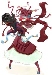 Rule 34 | 1girl, boots, dress, flower knight girl, full body, hair over one eye, halsort, hat, highres, looking at viewer, red eyes, red footwear, red hair, red scarf, scarf, scroll, shawl, short hair, solo, standing, waremokou (flower knight girl), white background, white dress