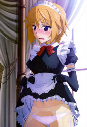 Rule 34 | 10s, 1girl, absurdres, alternate costume, backlighting, blonde hair, blush, charlotte dunois, clothes lift, curtains, elbow gloves, embarrassed, enmaided, garter belt, gloves, headdress, highres, infinite stratos, looking away, maid, navel, non-web source, nyantype, official art, open mouth, panties, pink panties, purple eyes, rectangular mouth, scan, side-tie panties, skirt, skirt lift, solo, sweatdrop, underwear, upskirt, wavy mouth, window