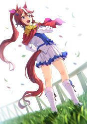Rule 34 | 1girl, animal ears, blue eyes, boots, brown hair, clothing cutout, epaulettes, full body, grass, hand on own hip, hand up, highres, horse ears, horse girl, horse tail, jacket, long sleeves, looking at viewer, looking back, miniskirt, multicolored hair, mumyuu, open mouth, outdoors, petticoat, ponytail, side cape, single epaulette, skirt, smile, solo, standing, streaked hair, tail, tail through clothes, tokai teio (umamusume), umamusume, white footwear, white jacket, white skirt