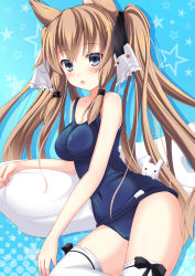 Rule 34 | 1girl, :o, animal ears, bare arms, bare shoulders, black bow, blue background, blue eyes, blue one-piece swimsuit, bow, collarbone, commentary request, hair between eyes, hair ribbon, highres, light brown hair, long hair, old school swimsuit, one-piece swimsuit, original, parted lips, ribbon, school swimsuit, solo, star (symbol), starry background, swimsuit, thighhighs, twintails, usaginezumi, very long hair, white ribbon, white thighhighs