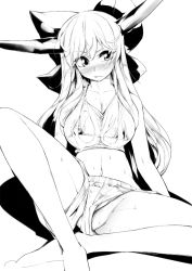 Rule 34 | 1girl, aged up, alternate breast size, alternate costume, bad id, bad pixiv id, barefoot, bikini, blush, bow, breasts, cleavage, collarbone, embarrassed, greyscale, hair bow, horns, ibuki suika, large breasts, long hair, midriff, monochrome, navel, no panties, oni, partially visible vulva, pussy, pussy peek, raised eyebrow, see-through, shorts, simple background, solo, spread legs, stomach, string bikini, swimsuit, tank top, tareme, topo (bacchustab), topo bevitore, touhou, upshorts, very long hair, wet, white background
