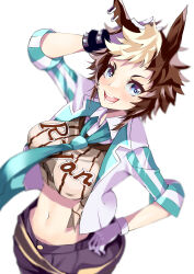 Rule 34 | 1girl, animal ears, aqua necktie, arm up, belt, black shorts, blaze (blazeillust), blazer, blue eyes, blurry, breasts, brown hair, brown shirt, character name, clothes writing, collared shirt, commentary, front-tie top, gloves, hand in own hair, hand on own hip, highres, horse ears, horse girl, jacket, large breasts, long sleeves, looking at viewer, loose necktie, mejiro ryan (umamusume), midriff, multicolored hair, navel, necktie, open mouth, shirt, short hair, shorts, simple background, smile, solo, standing, two-tone hair, umamusume, white background, white gloves, white hair, white jacket, wing collar, yellow belt