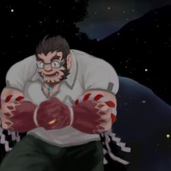 Rule 34 | 1boy, :d, bara, caught, feet out of frame, forked eyebrows, glasses, glowing, hachimaki, headband, jewelry, large pectorals, leaning forward, magatama, magatama necklace, male focus, mature male, muscular, muscular male, mutton chops, necklace, nejiri hachimaki, official alternate costume, open mouth, own hands together, pectoral cleavage, pectorals, short hair, smile, solo, standing, star (symbol), starry background, tajikarao (housamo), teriyaki (gqtne7ymkx71079), thick eyebrows, tokyo houkago summoners, tusks