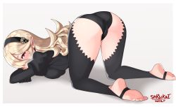 Rule 34 | 10s, 1girl, 2019, absurdres, all fours, artist name, ass, barefoot, black legwear, black panties, blonde hair, blush, breasts, character name, corrin (female) (fire emblem), corrin (fire emblem), feet, female focus, fire emblem, fire emblem fates, full body, hair ornament, highres, large breasts, long hair, looking at viewer, nintendo, panties, pointy ears, red eyes, sarukaiwolf, shiny skin, simple background, slit pupils, solo, thighs, underwear, wavy hair, white background