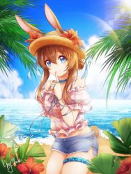 Rule 34 | 1girl, amiya (arknights), animal ears, arknights, arm ribbon, artist name, bare shoulders, beach, blue eyes, brown hair, checkered clothes, checkered shirt, cloud, cloudy sky, collar, collarbone, day, finger to mouth, flower, hacko, hat, hibiscus, highres, index finger raised, jewelry, light beam, multiple rings, ocean, off-shoulder shirt, off shoulder, official alternate costume, palm leaf, rabbit ears, rabbit girl, rabbit tail, ribbon, ring, shirt, short shorts, short sleeves, shorts, sidelocks, sky, smile, solo, straw hat, sun, tail, thigh strap