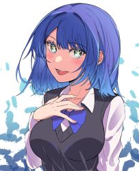 Rule 34 | 1girl, absurdres, aqua eyes, black sweater vest, blue hair, blush, bow, bowtie, breasts, collarbone, collared shirt, commentary, english commentary, gradient hair, hair between eyes, hand on own chest, highres, kurokawa akane, light blue hair, long sleeves, looking at viewer, medium breasts, medium hair, multicolored hair, open mouth, oshi no ko, parted bangs, pink bow, pink bowtie, school uniform, shirt, sidelocks, smile, solo, star-shaped pupils, star (symbol), sweater vest, symbol-shaped pupils, talnory, teeth, upper body, upper teeth only, white background, white shirt