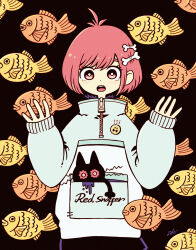 Rule 34 | 1girl, black background, bone hair ornament, cat, coat, food, garouma, hair ornament, hands up, highres, looking at viewer, open mouth, original, patterned background, pocket, print coat, red eyes, red hair, short hair, sleeves past wrists, solo, taiyaki, wagashi, zipper, zipper pull tab