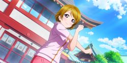 Rule 34 | 1girl, absurdres, artist name, artist request, asian architecture, blue sky, blush, breasts, brown hair, cloud, collarbone, day, female focus, hair between eyes, highres, hood, hooded jacket, hoodie, jacket, koizumi hanayo, looking at viewer, love live!, love live! school idol festival, love live! school idol festival all stars, love live! school idol project, medium breasts, outdoors, outstretched arms, pants, parted lips, pink pants, purple eyes, red shirt, shirt, short hair, short sleeves, sky, smile, solo, tree, white hoodie, white jacket, zipper, zipper pull tab