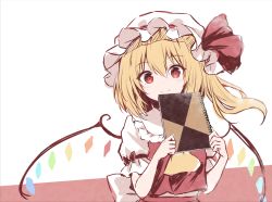 Rule 34 | 1girl, :&gt;, absurdres, ascot, blonde hair, blush, bow, commentary request, crystal, dot nose, flandre scarlet, frilled shirt collar, frilled sleeves, frills, hat, hat ribbon, highres, holding, holding sketchbook, kure~pu, midriff peek, mob cap, one side up, puffy short sleeves, puffy sleeves, red background, red eyes, red ribbon, red vest, ribbon, short hair, short sleeves, side ponytail, sketchbook, smile, solo, touhou, two-tone background, upper body, vest, white background, white bow, white hat, wings