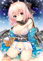 Rule 34 | 1girl, ahoge, bad id, bad pixiv id, bare shoulders, black bow, black scarf, black thighhighs, bow, bow panties, breasts, bucket, cameltoe, cleavage, cowboy shot, fate (series), glowing, groin, hair bow, hands in opposite sleeves, head tilt, holding, holding bucket, jacket, japanese clothes, kimono, koha-ace, legs apart, light particles, long sleeves, looking at viewer, medium breasts, navel, off shoulder, okita souji (fate), okita souji (koha-ace), onsen, open clothes, open jacket, outdoors, panties, pink eyes, pink hair, rock, sash, scarf, see-through, shinsengumi, short hair, short kimono, snowing, solo, standing, stomach, tareme, thighhighs, towel, underwear, wading, wet, wet clothes, white bow, white kimono, white panties, winter, wooden bucket, yadapot