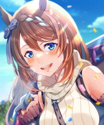 Rule 34 | 1girl, animal ears, aoi (07aoi15), blue eyes, blurry, blurry background, blush, bow, braid, breasts, breath, brown hair, confetti, day, detached sleeves, ear bow, highres, horse ears, large breasts, long hair, looking at viewer, multicolored hair, open mouth, outdoors, single braid, smile, solo, streaked hair, super creek (umamusume), sweat, sweater, turtleneck, turtleneck sweater, umamusume, upper body, white sweater
