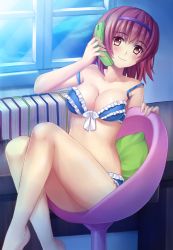 Rule 34 | 1girl, barefoot, blush, book, bow, bow bra, bra, breasts, cellphone, chair, cleavage, collarbone, crossed legs, desk, frilled bra, frilled panties, frills, hairband, highres, large breasts, looking at viewer, off shoulder, original, panties, phone, purple hair, red eyes, shiny skin, short hair, sitting, smile, solo, strap slip, thighs, tonee, underwear, underwear only, window