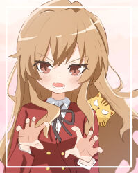 Rule 34 | 1girl, absurdres, aisaka taiga, black ribbon, blazer, blush, brown eyes, brown hair, buttons, collared shirt, commentary, double-breasted, fang, gradient background, hair between eyes, hands up, highres, inset border, jacket, kise, long hair, long sleeves, looking at viewer, neck ribbon, open mouth, palmtop tiger, paw pose, pink background, red jacket, ribbon, shirt, skin fang, toradora!, upper body, white shirt