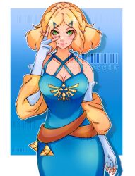 Rule 34 | 1girl, blonde hair, blue background, blue dress, blush, braid, breasts, cleavage, collarbone, cresscin, dress, fingerless gloves, gloves, green eyes, hair ornament, hairclip, large breasts, looking at viewer, nintendo, pointy ears, princess zelda, short hair, sleeveless, sleeveless dress, smile, standing, the legend of zelda, the legend of zelda: breath of the wild, triforce, v, white gloves