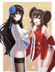 Rule 34 | 2girls, absurdres, bad leg, black legwear, blush, breasts, brown hair, china dress, chinese clothes, double bun, dress, feet out of frame, flower, girls&#039; frontline, hair bun, hair flower, hair ornament, hair ribbon, highres, holding hands, jiafei2o3, long hair, looking at viewer, medium breasts, mole, mole under eye, multiple girls, official alternate costume, open mouth, red dress, red ribbon, ribbon, simple background, small breasts, standing, thighhighs, type 95 (girls&#039; frontline), type 95 (narcissus) (girls&#039; frontline), type 97 (girls&#039; frontline), type 97 (peony) (girls&#039; frontline), white dress, white legwear, yellow eyes