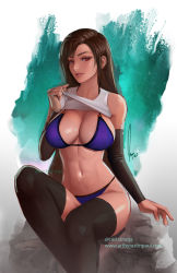 Rule 34 | 1girl, bikini, breasts, brown hair, commentary, crop top, english commentary, final fantasy, final fantasy vii, green background, justin paul, large breasts, long hair, navel, photoshop (medium), red eyes, signature, sitting, socks, solo, solo focus, square enix, swimsuit, tifa lockhart, twitter username