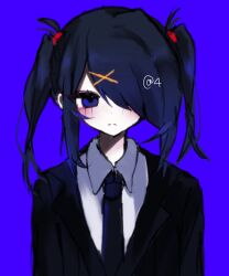 Rule 34 | 1girl, 4 (nn 1 zo), alternate costume, ame-chan (needy girl overdose), arms at sides, black hair, black jacket, black necktie, blue background, blue eyes, closed mouth, collared shirt, commentary request, expressionless, hair ornament, hair over one eye, highres, jacket, long hair, looking at viewer, necktie, needy girl overdose, shirt, simple background, solo, twintails, upper body, white shirt, x hair ornament