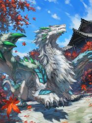 Rule 34 | blue eyes, blue sky, building, claws, commission, day, dragon, dragon tail, fantasy, highres, leaf, maple leaf, monster, nasuno posi, no humans, original, skeb commission, sky, tail, tree, western dragon, white fur, wings