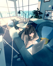 Rule 34 | 1girl, absurdres, bag of chips, black eyes, black hair, black shorts, black thighhighs, blanket, blush, carpet, casual, city, computer, couch, day, eating, unworn footwear, full body, grey footwear, grey sweater, highres, indoors, lamp, laptop, leg up, long hair, long sleeves, maeda mic, mouth hold, on couch, original, painting (object), perspective, pillow, plant, potted plant, shorts, sleeves past wrists, slippers, unworn slippers, sunlight, sweater, swept bangs, table, thighhighs, window
