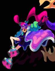 Rule 34 | 1girl, absurdres, black background, coat, creatures (company), floating hair, full body, game freak, gloves, goggles, green necktie, hatsune miku, highres, leg up, long hair, long sleeves, looking at viewer, marnie (marnielovesyou), mixed-language commentary, multicolored hair, necktie, nintendo, open clothes, open coat, overall shorts, overalls, pink gloves, pink hair, pink pupils, platform footwear, poison miku (project voltage), pokemon, project voltage, purple coat, purple eyes, shoes, simple background, solo, twintails, very long hair, vocaloid