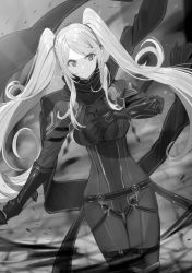 Rule 34 | 1girl, blurry, blurry background, bodysuit, breasts, closed mouth, cowboy shot, dutch angle, epsilon (kage no jitsuryokusha ni naritakute!), floating hair, gloves, greyscale, hair ornament, highres, holding, holding weapon, kage no jitsuryokusha ni naritakute!, long hair, looking at viewer, medium breasts, monochrome, novel illustration, official art, pointy ears, scarf, smile, solo, standing, swept bangs, thigh gap, touzai, twintails, very long hair, weapon
