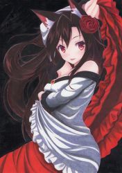 Rule 34 | animal ears, arm over head, bare shoulders, black background, breast hold, breasts, brooch, brown hair, dress, flower, hair flower, hair ornament, imaizumi kagerou, jewelry, kittona, long sleeves, parted bangs, parted lips, red eyes, rose, solo, touhou, wolf ears