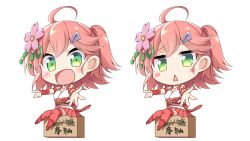 Rule 34 | 1girl, ahoge, armband, belt, belt buckle, blush, buckle, cherry blossoms, chibi, detached sleeves, flower, green eyes, hair flower, hair ornament, hairclip, highres, hololive, looking at viewer, medium hair, multiple views, nontraditional miko, one side up, open mouth, pink hair, pink skirt, pink thighhighs, pirason, sakura miko, sakura miko (old design), sitting, skirt, thighhighs, tongue, triangle mouth, virtual youtuber, white background