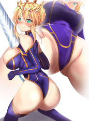 Rule 34 | 1girl, aqua eyes, artoria pendragon (fate), artoria pendragon (lancer) (fate), ass, blonde hair, blue gloves, blue thighhighs, blurry, blush, braid, braided bun, breasts, cleavage cutout, closed mouth, clothing cutout, commentary request, covered navel, crotch, crown, depth of field, dimples of venus, elbow gloves, fate/grand order, fate (series), from below, gloves, gluteal fold, hair bun, heattech leotard, highres, kneeling, lance, large breasts, leotard, looking at viewer, polearm, sidelocks, smile, solo, thighhighs, turtleneck, untue, weapon