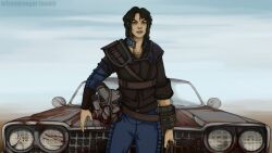 Rule 34 | 1girl, arizona ranger, armor, black hair, blood on vehicle, braid, brown eyes, car, enclave (fallout), fallout (series), fallout 2, frown, helmet, jacket, leather, leather jacket, motor vehicle, pauldrons, pip boy, power armor, shoulder armor, single braid, single pauldron, solo, the chosen one