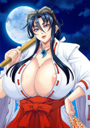 Rule 34 | 1girl, areola slip, black hair, breasts, cleavage, goggles, goggles on head, holding, huge breasts, japanese clothes, jewelry, lips, long hair, looking at viewer, looking down, magatama, magatama necklace, md5 mismatch, mifune seijirou, miko, necklace, parted lips, purple eyes, revision, sengoku ace, solo, talisman, togashi koyori