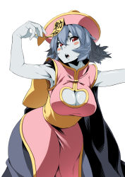 Rule 34 | 1girl, :d, ^ ^, annoyed, armpits, blinking, blue hair, blush, blush stickers, breasts, chinese clothes, cleavage, cleavage cutout, closed eyes, clothing cutout, colored skin, emofuri, facing viewer, flipped hair, frown, grey skin, hair between eyes, hat, head tilt, highres, jiangshi, large breasts, lei lei, looking at viewer, ofuda, open mouth, pout, purple hair, qingdai guanmao, red eyes, sash, short hair, sleeveless, smile, solo, tell (teruhisa428), upper body, vampire (game), white background